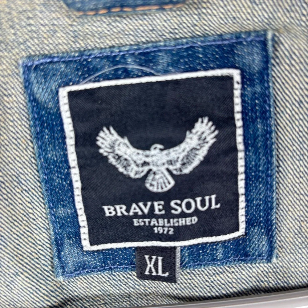 Distressed Denim Jean Jacket Mens XL Medium Wash Collar Button Front - Picture 7 of 7